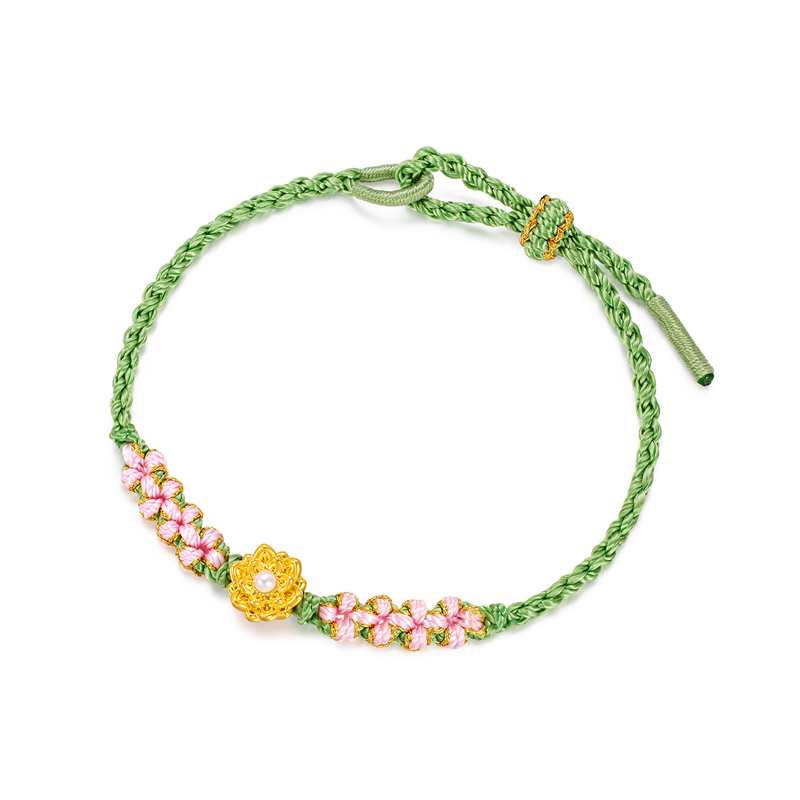 六福珠宝好运莲莲黄金转运珠女六瓣莲花编织串珠金手绳A01A0024DS