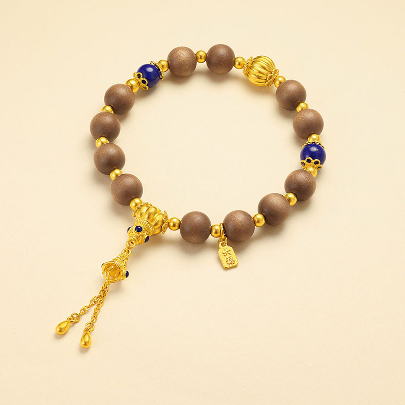 六福珠宝福满传家南瓜珠黄金手链老檀木手串青金石计价G39G0031DS【1V1直播看货】