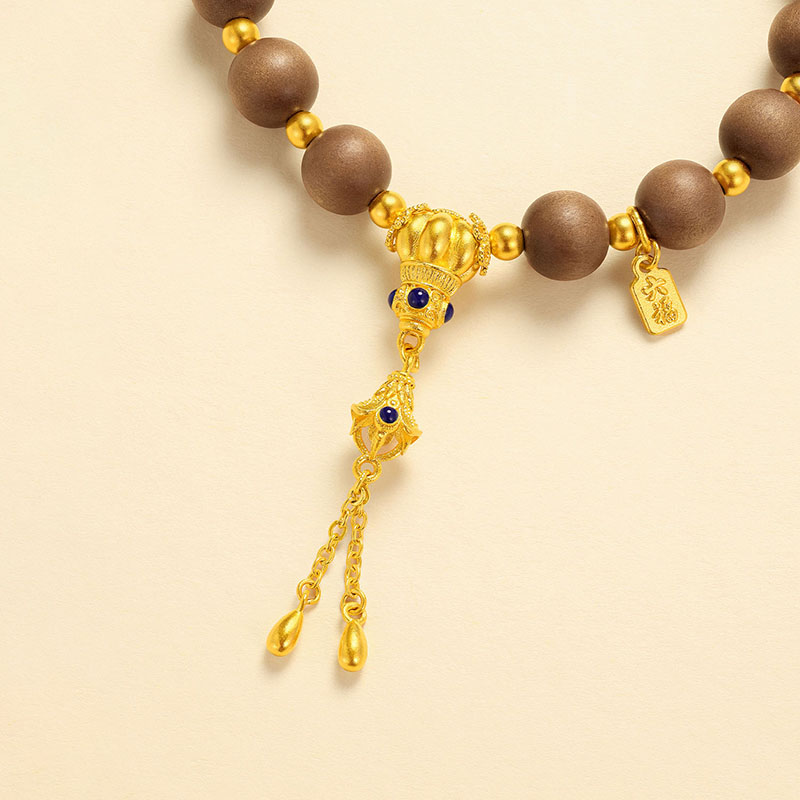 六福珠宝福满传家南瓜珠黄金手链老檀木手串青金石计价G39G0031DS【1V1直播看货】