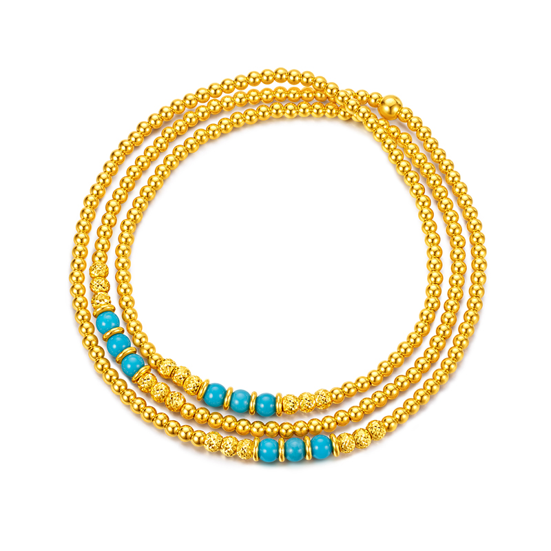六福珠宝菠萝金珠黄金项链女款绿松石足金三圈手串计价F63G0081DS【1V1直播看货】