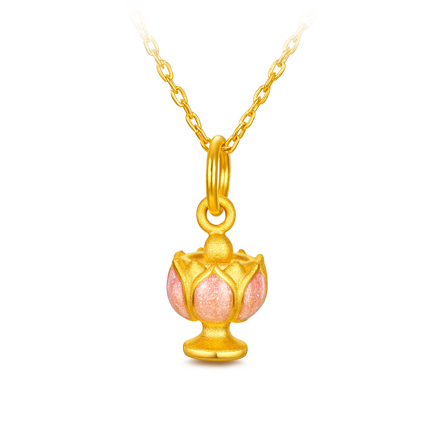 六福珠宝吉祥宝莲灯黄金吊坠女精致鎏彩3D硬金莲花挂坠GDA0029DS