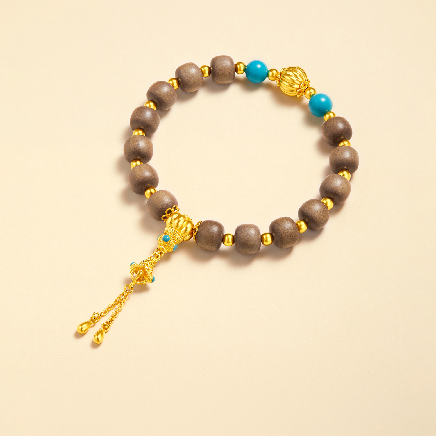 六福珠宝南瓜珠文玩黄金手链绿松石流苏老山檀手串计价G39G0032DS【1V1直播看货】