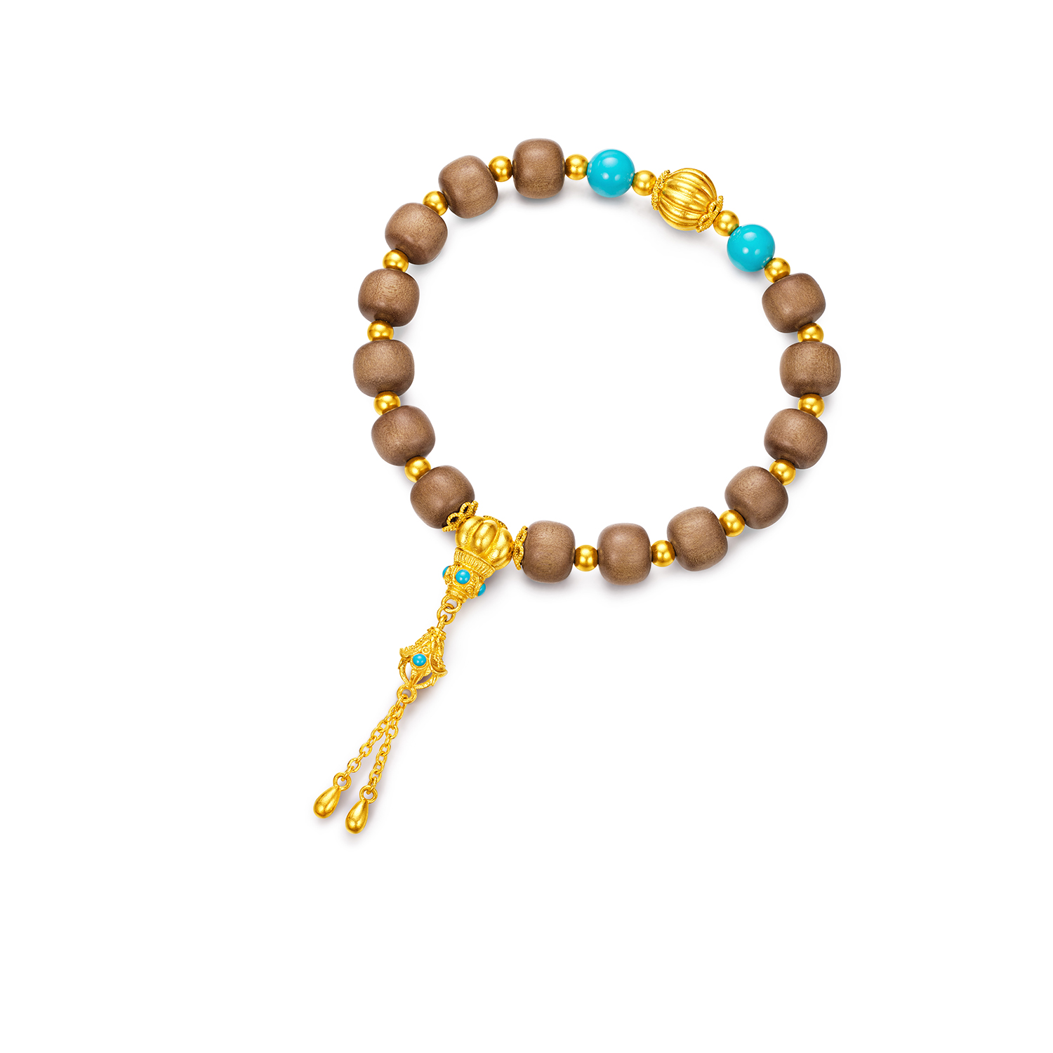 六福珠宝南瓜珠文玩黄金手链绿松石流苏老山檀手串计价G39G0032DS【1V1直播看货】