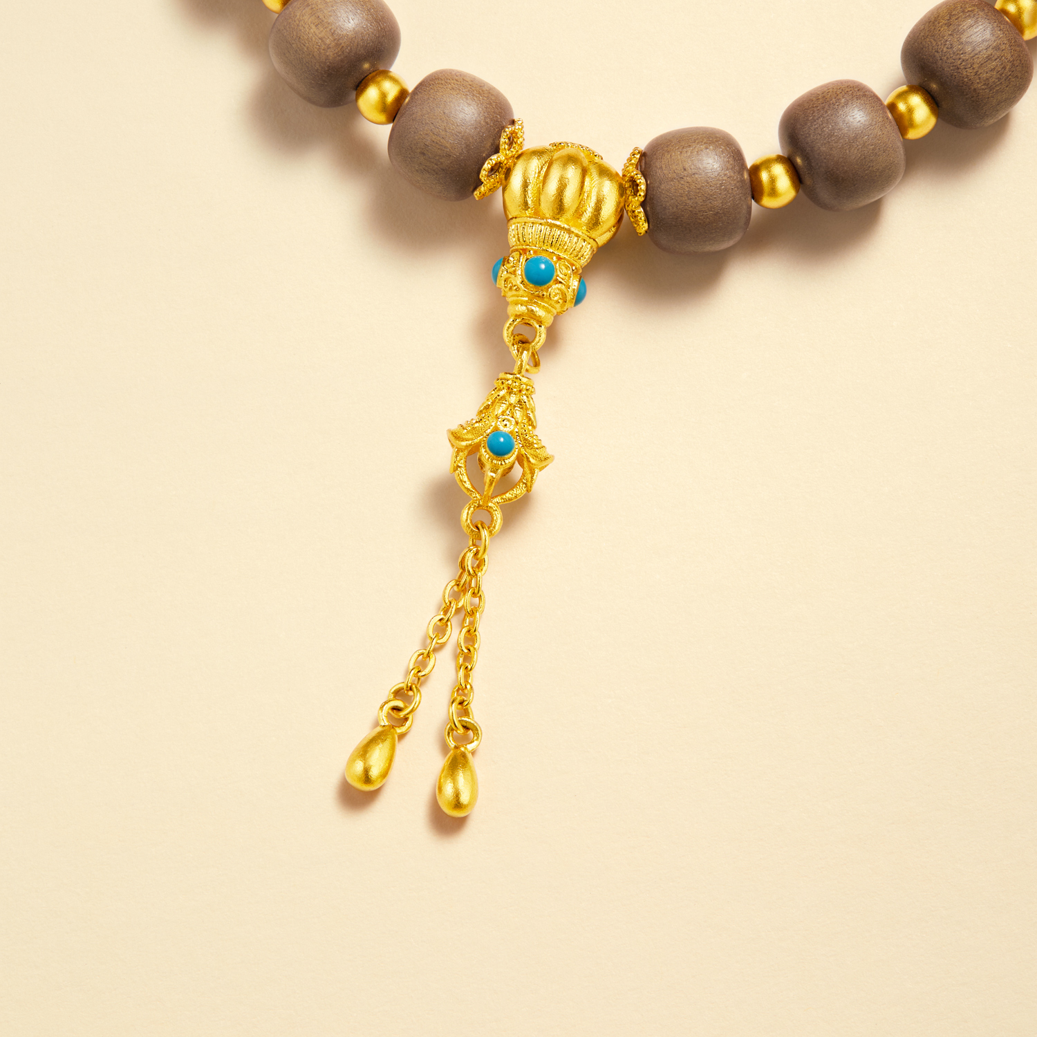 六福珠宝南瓜珠文玩黄金手链绿松石流苏老山檀手串计价G39G0032DS【1V1直播看货】