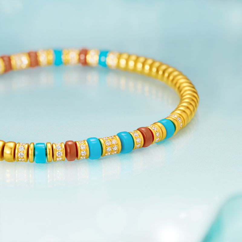 六福珠宝福满传家直切隔珠黄金手链镶钻石绿松石手串玉髓031424BA【联系客服补货】【1V1直播看货】