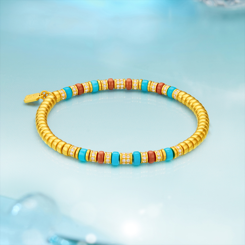 六福珠宝福满传家直切隔珠黄金手链镶钻石绿松石手串玉髓031424BA【联系客服补货】【1V1直播看货】