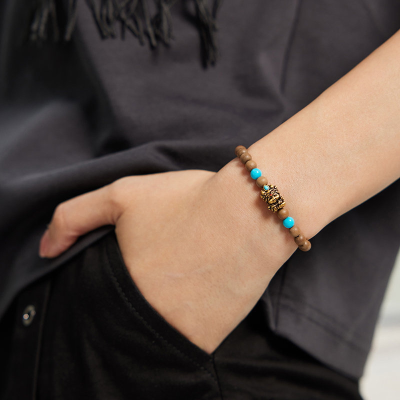 六福珠宝藏传文化密码绿度母黄金手链绿松石老山檀手串GJA0075DS母亲