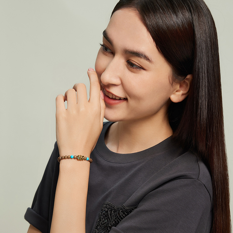 六福珠宝藏传文化密码大黑天黄金手链绿松石老山檀手串GJA0076DS