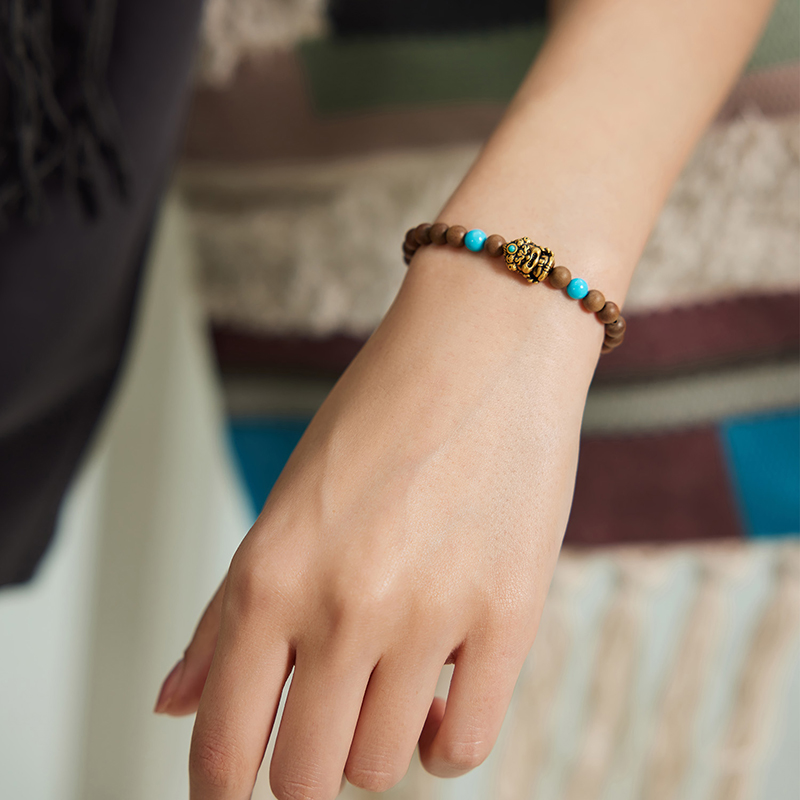 六福珠宝藏传文化密码大黑天黄金手链绿松石老山檀手串GJA0076DS