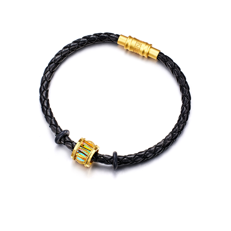 六福珠宝冰·钻光圈成毅同款黄金转运珠男士炫彩5G路路通手绳皮绳032303PB