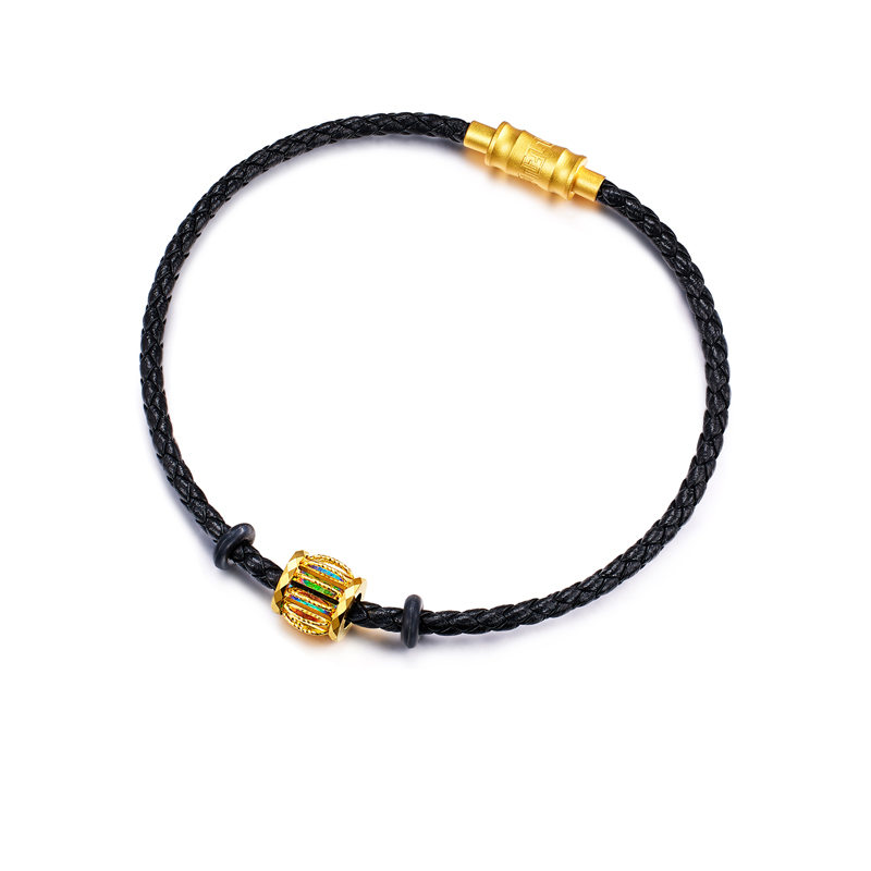 六福珠宝冰·钻光圈黄金转运珠女5G炫彩色皮手绳手链032303PA