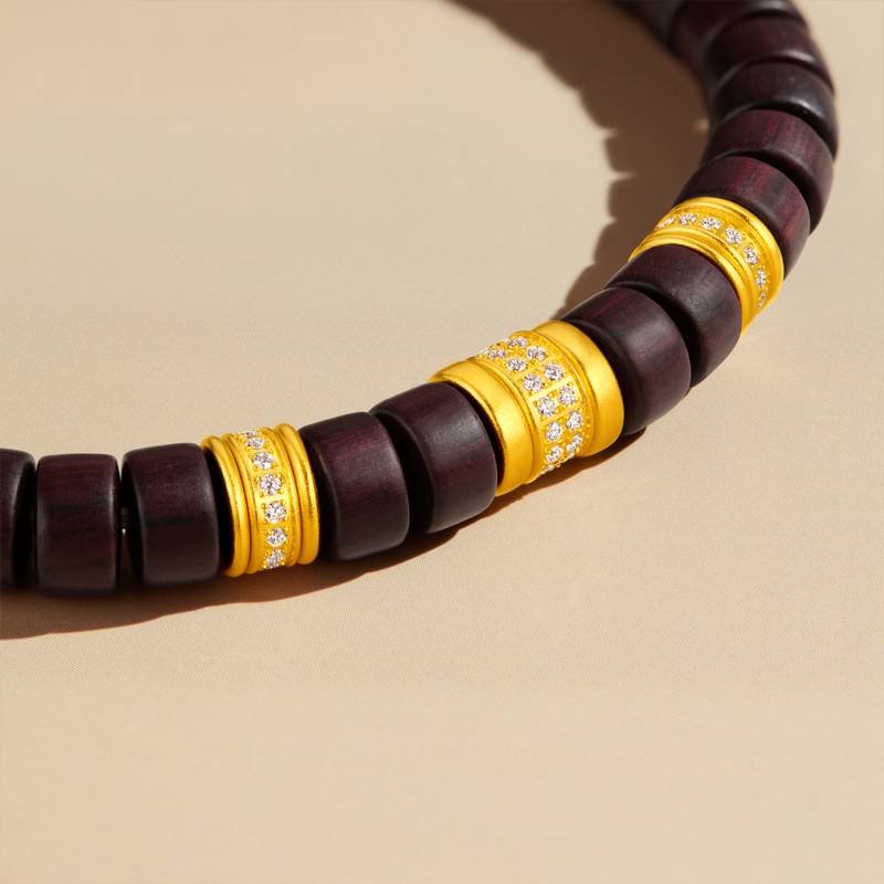 六福珠宝福满传家直切黄金手链男钻石文玩小叶紫檀木手串031559BA【1V1直播看货】【联系客服补货】