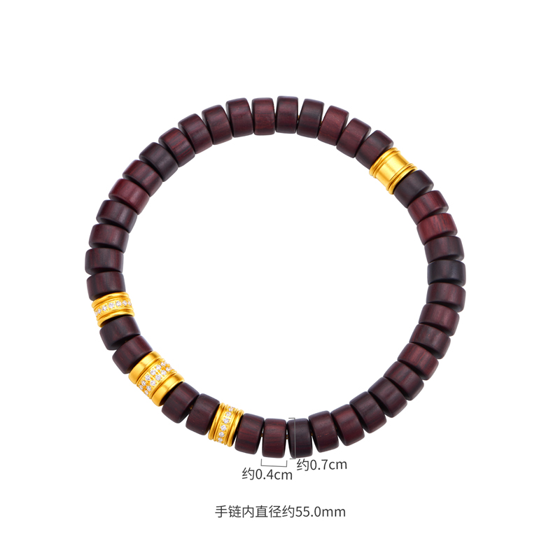 六福珠宝福满传家直切黄金手链男钻石文玩小叶紫檀木手串031559BA【1V1直播看货】【联系客服补货】