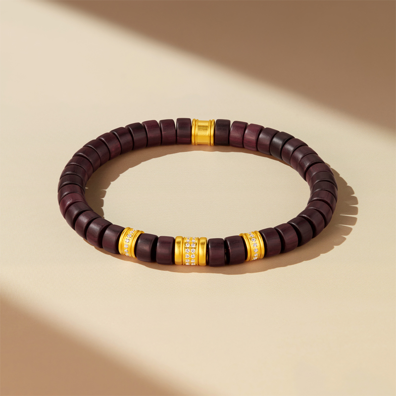 六福珠宝福满传家直切黄金手链男钻石文玩小叶紫檀木手串031559BA【1V1直播看货】【联系客服补货】