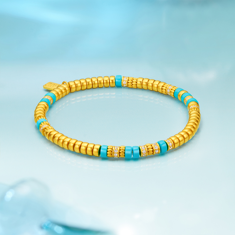 六福珠宝福满传家直切隔珠黄金手链女钻石文玩绿松石手串031423BA【联系客服补货】