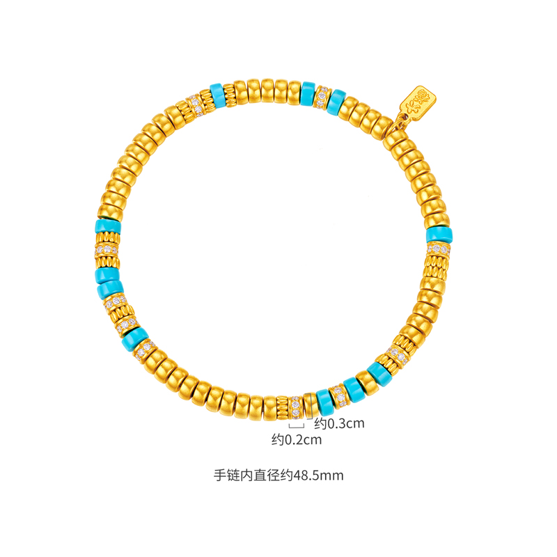 六福珠宝福满传家直切隔珠黄金手链女钻石文玩绿松石手串031423BA【联系客服补货】
