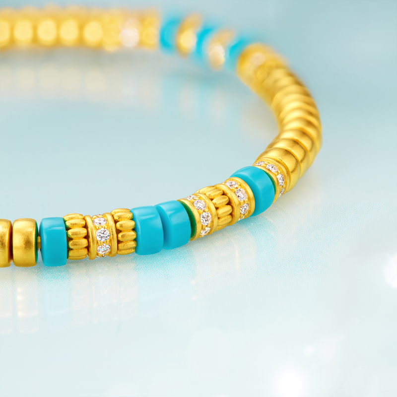 六福珠宝福满传家直切隔珠黄金手链女钻石文玩绿松石手串031423BA【联系客服补货】