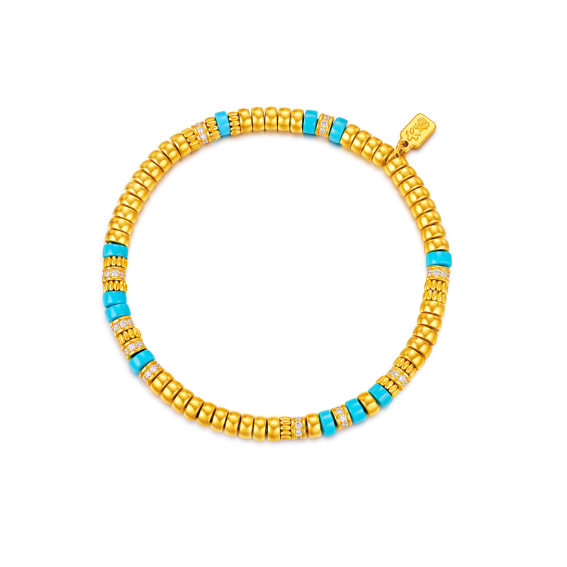 六福珠宝福满传家直切隔珠黄金手链女钻石文玩绿松石手串031423BA【联系客服补货】