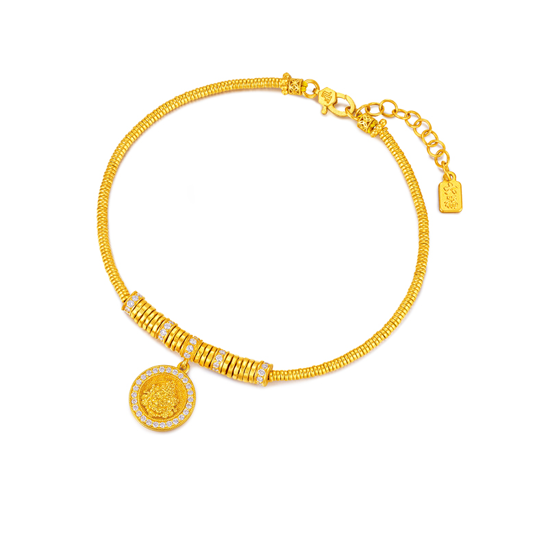 六福珠宝福满传家金钻黄财神黄金手链女款钻石盘缠金手串032052BA【联系客服补货】【1V1直播看货】