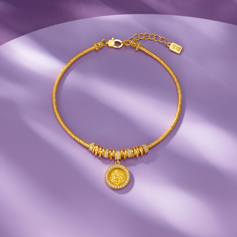 六福珠宝福满传家金钻黄财神黄金手链女款钻石盘缠金手串032052BA【联系客服补货】【1V1直播看货】