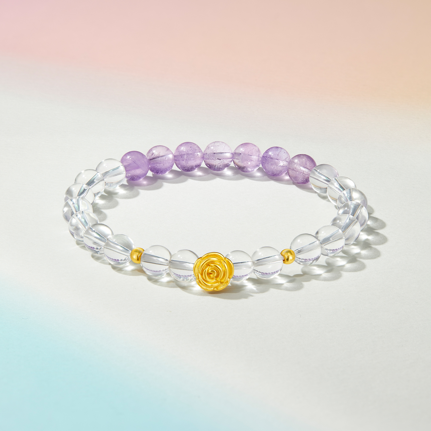 六福珠宝浪漫玫瑰花黄金手链女6.5-7mm水晶宝玉石手串L02A0004DS