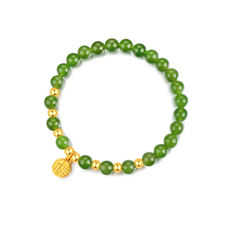 六福珠宝福字金镶玉黄金手链女圆珠和田玉手串定价L28A1TBB0002