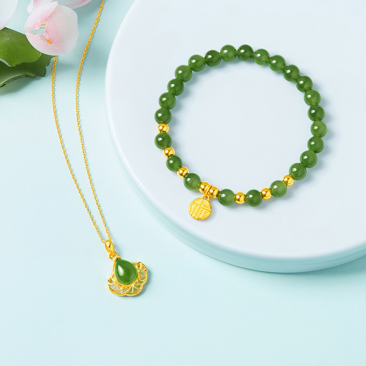 六福珠宝福字金镶玉黄金手链女圆珠和田玉手串定价L28A1TBB0002