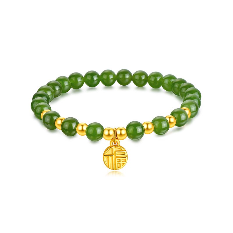 六福珠宝福字金镶玉黄金手链女圆珠和田玉手串定价L28A1TBB0002