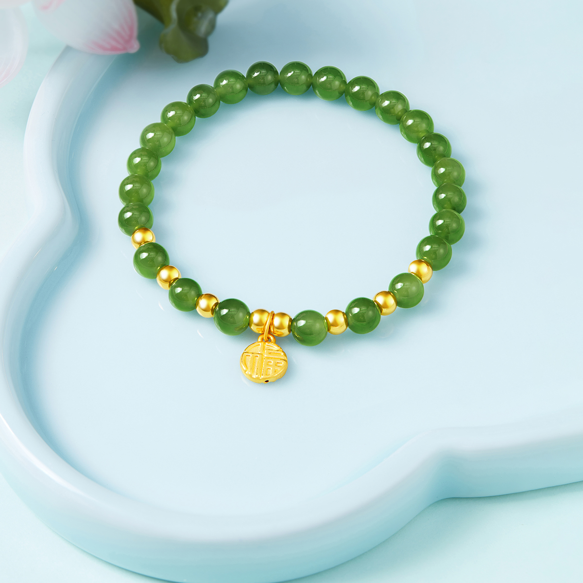 六福珠宝福字金镶玉黄金手链女圆珠和田玉手串定价L28A1TBB0002