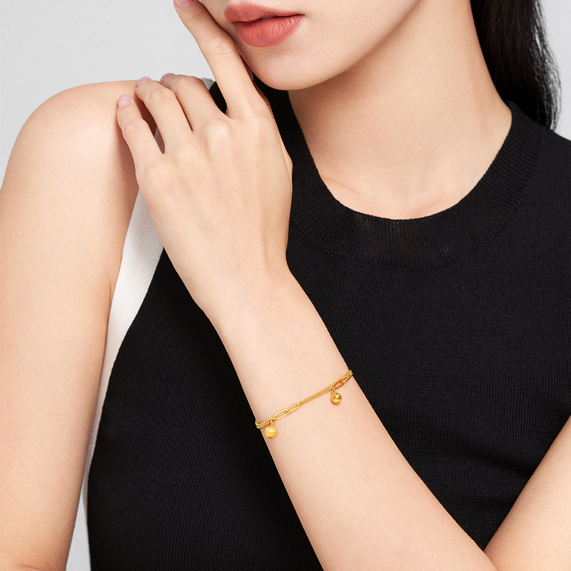 六福珠宝金珠手链光影金5G黄金手链女百搭首饰可刻字计价005526BA