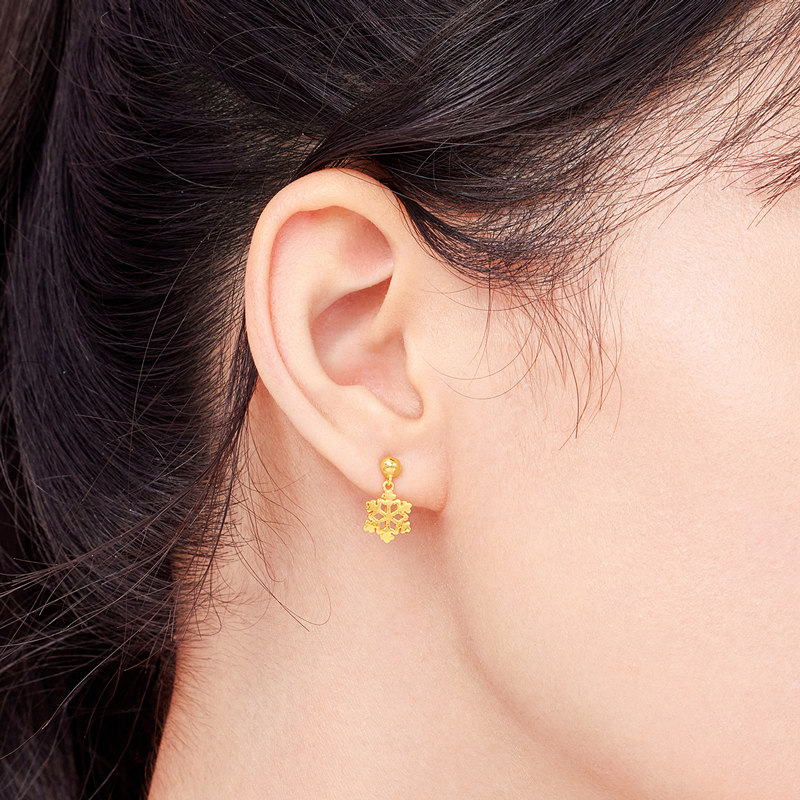 六福珠宝雪花黄金耳钉女圆珠小豆豆足金耳环耳饰计价L07TBGE0021