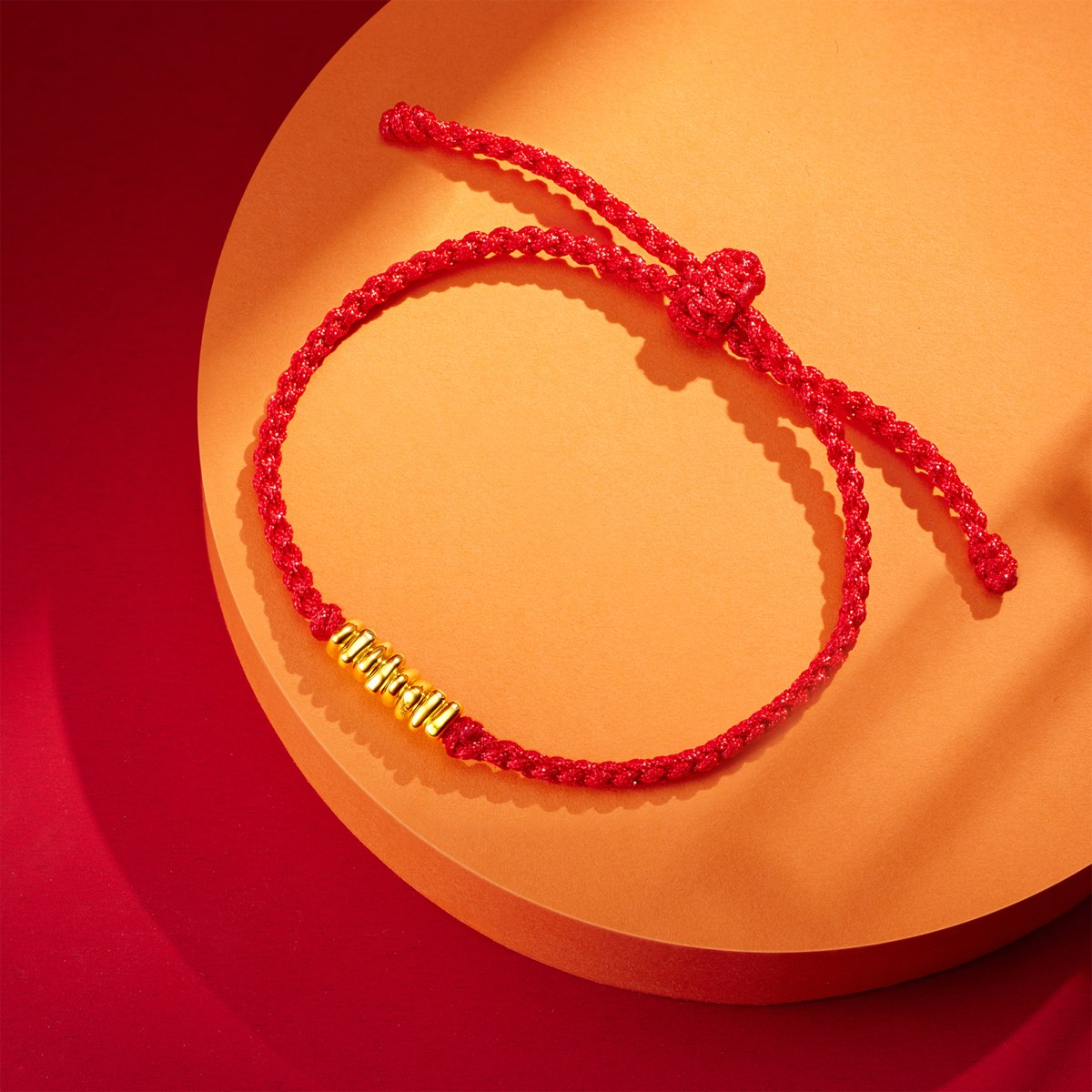 六福珠宝碎金子黄金手链足金散珠红绳手链可调节定价A03TBA1B0016