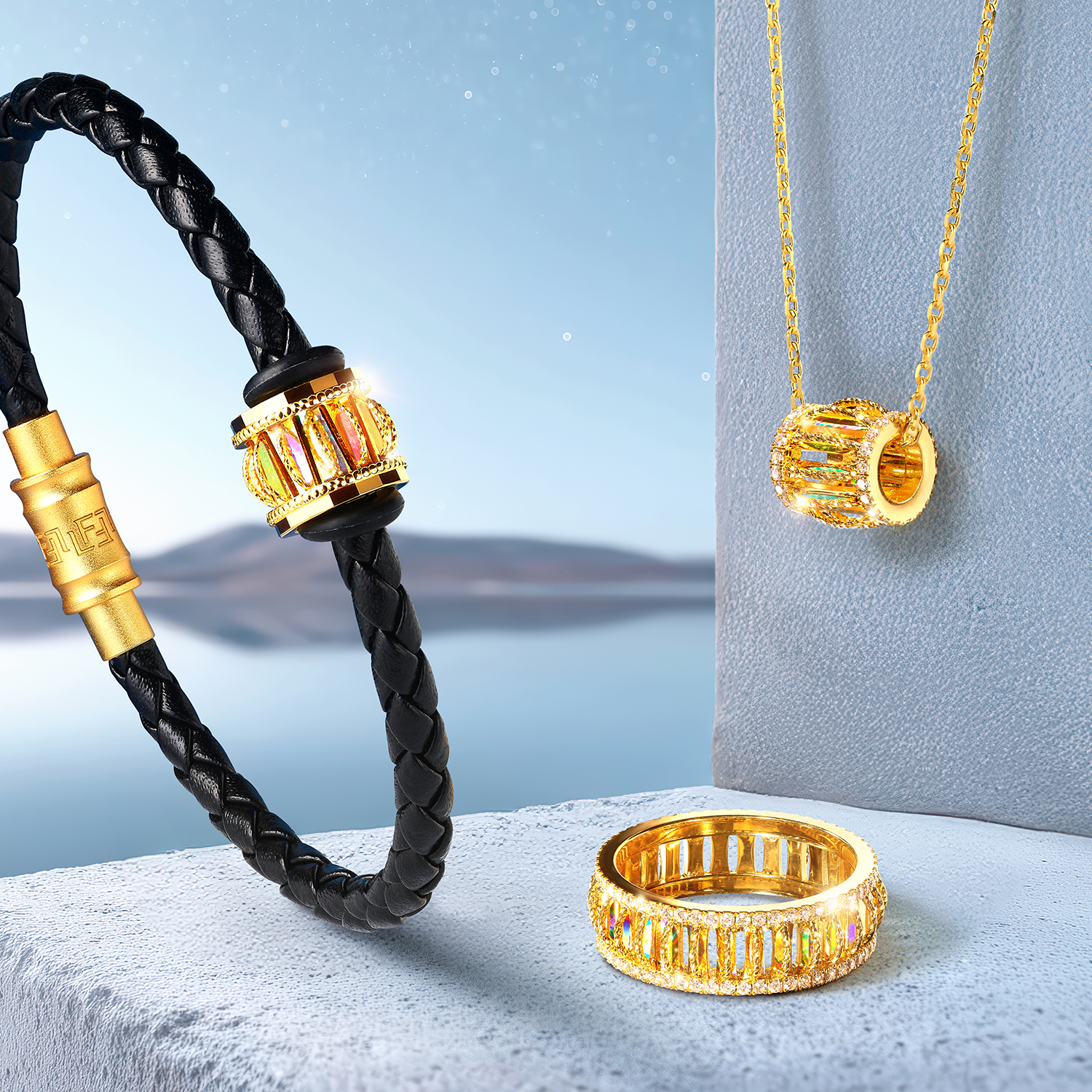 六福珠宝冰·钻光圈成毅同款黄金转运珠男士炫彩5G路路通手绳皮绳032303PB