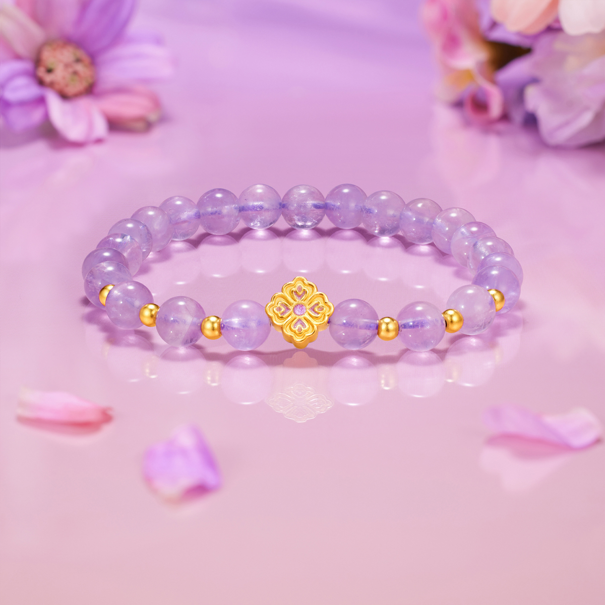 六福珠宝四叶草黄金转运珠手链女硬金珠6mm紫水晶手串A03A0004DS