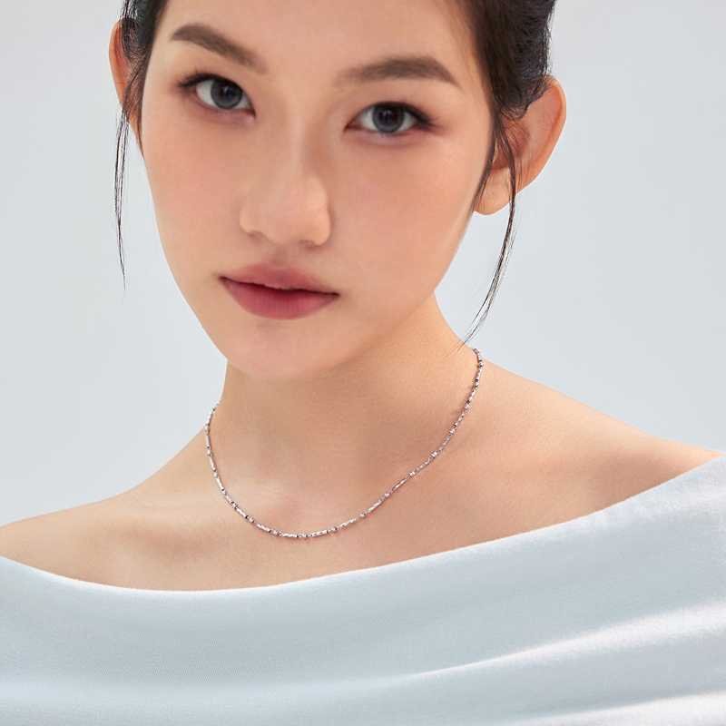 六福珠宝拼接圆珠素链铂金项链铂950女款白金颈链计价G07TBPN0020