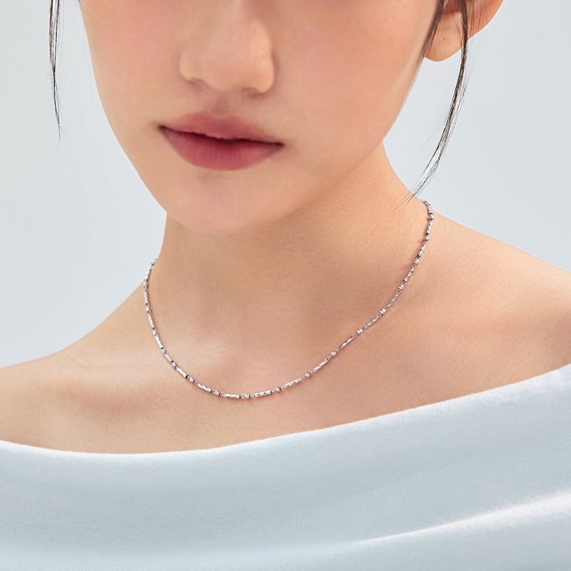 六福珠宝拼接圆珠素链铂金项链铂950女款白金颈链计价G07TBPN0020