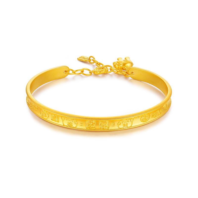 六福珠宝福满传家吉言金黄金手镯古法开口贵妃镯计价G21TBGB0035【视频看货】
