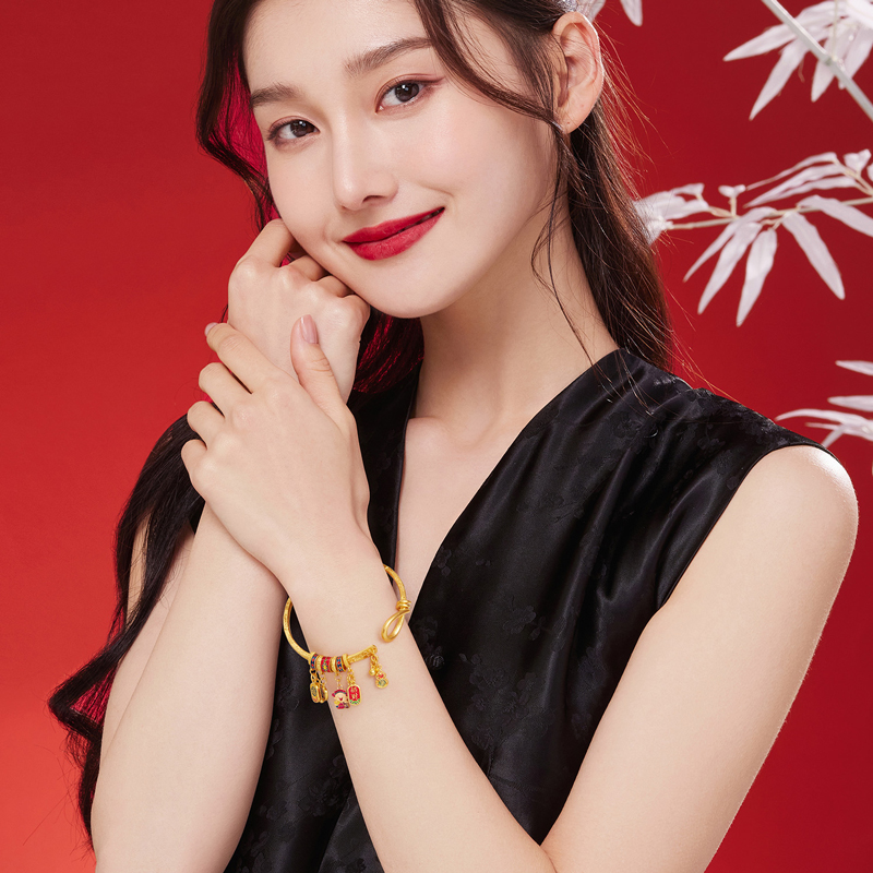 六福珠宝福满传家聚财纳福古法黄金手镯子吉言金计价F41TBGB0016【视频看货】