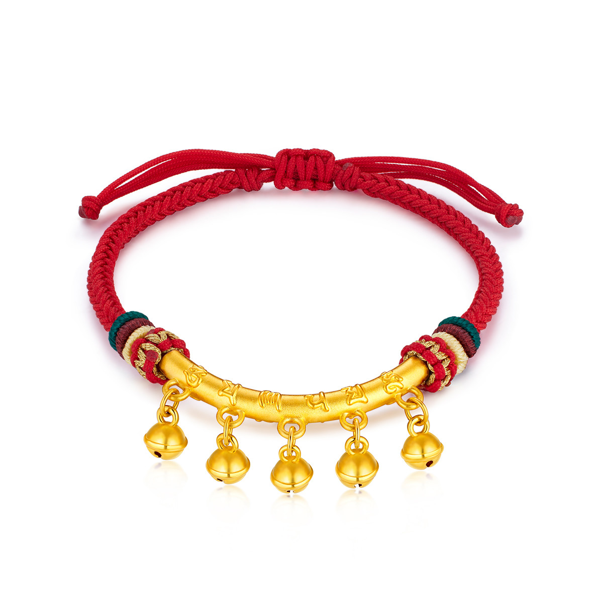 六福珠宝六字真言黄金手链女足金弯管铃铛红手绳定价A01A1TBB0018