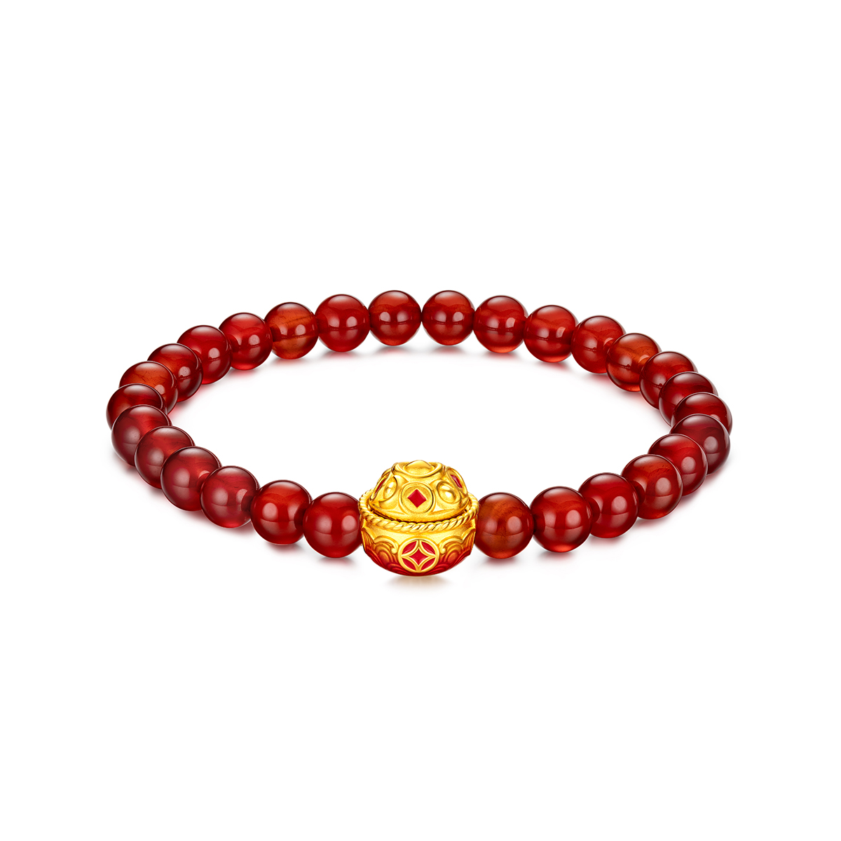 六福珠宝聚宝盆黄金转运珠手链红玉髓手串足金定价A01A1TBB0016