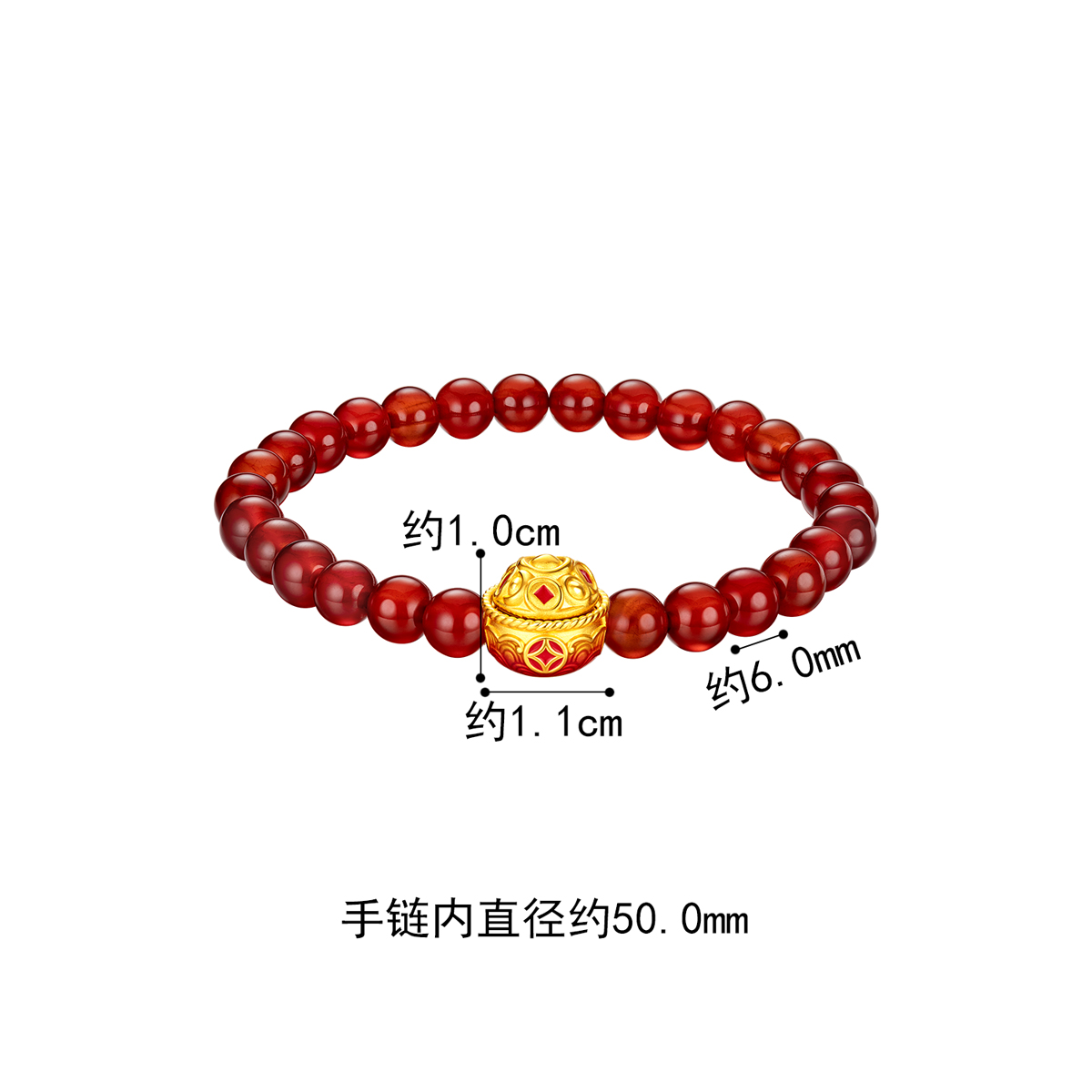 六福珠宝聚宝盆黄金转运珠手链红玉髓手串足金定价A01A1TBB0016