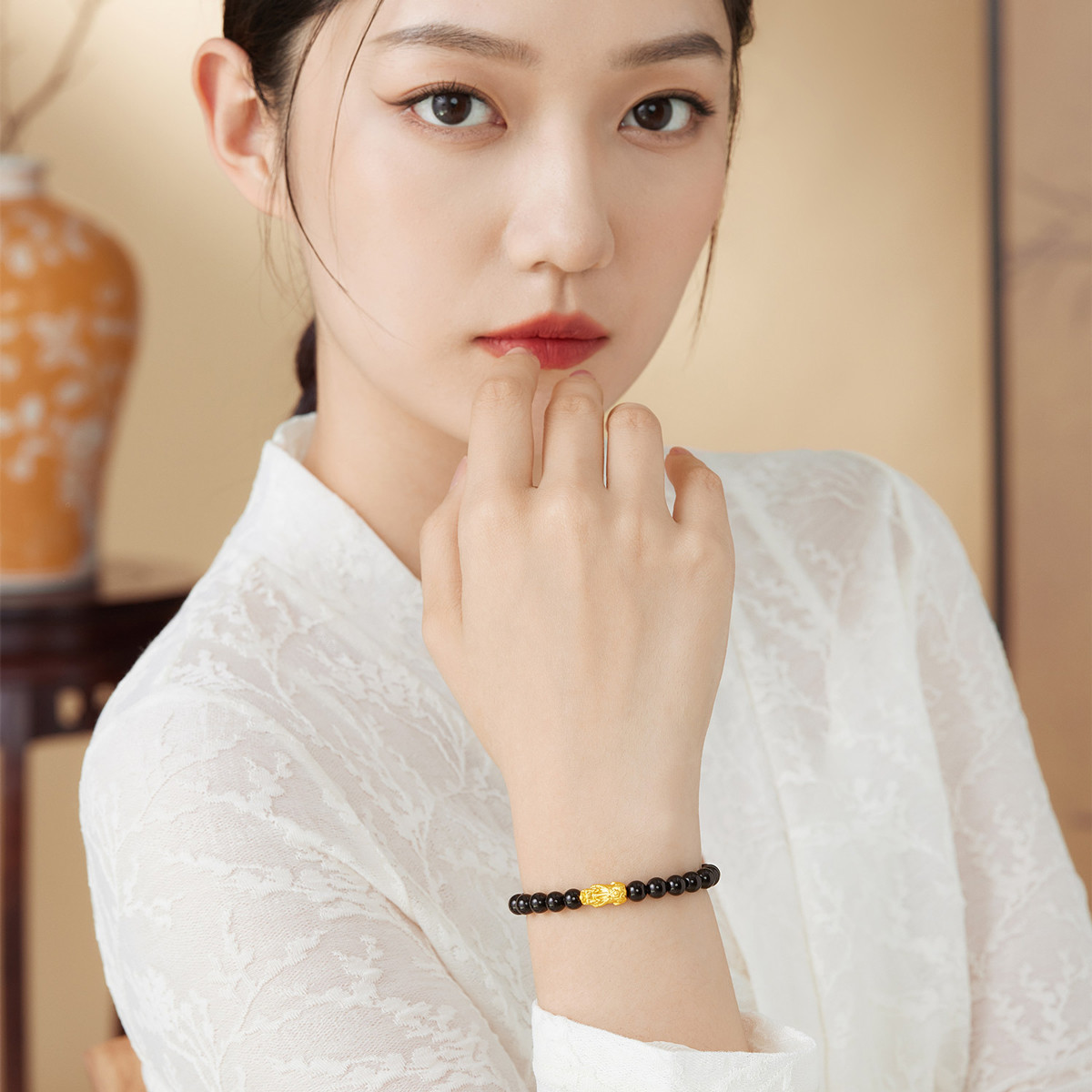 六福珠宝貔貅黄金手链女玉髓手串珠足金路路通定价A03TBA1B0033