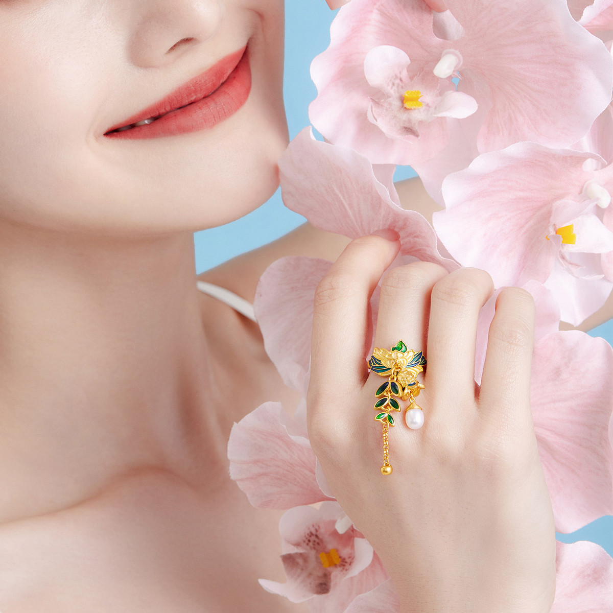 六福珠宝福满传家麦穗黄金戒指鎏彩工艺珍珠足金计价G39TBGR0010【联系客服补货】【视频看货】