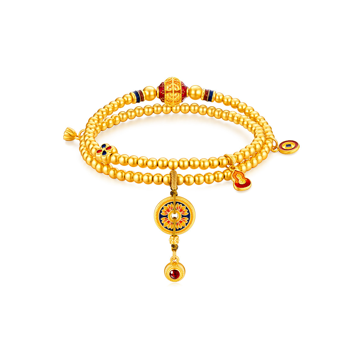 六福珠宝福满传家黄金手链女款两圈足金珠子手串计价F63TBGB0107【视频看货】