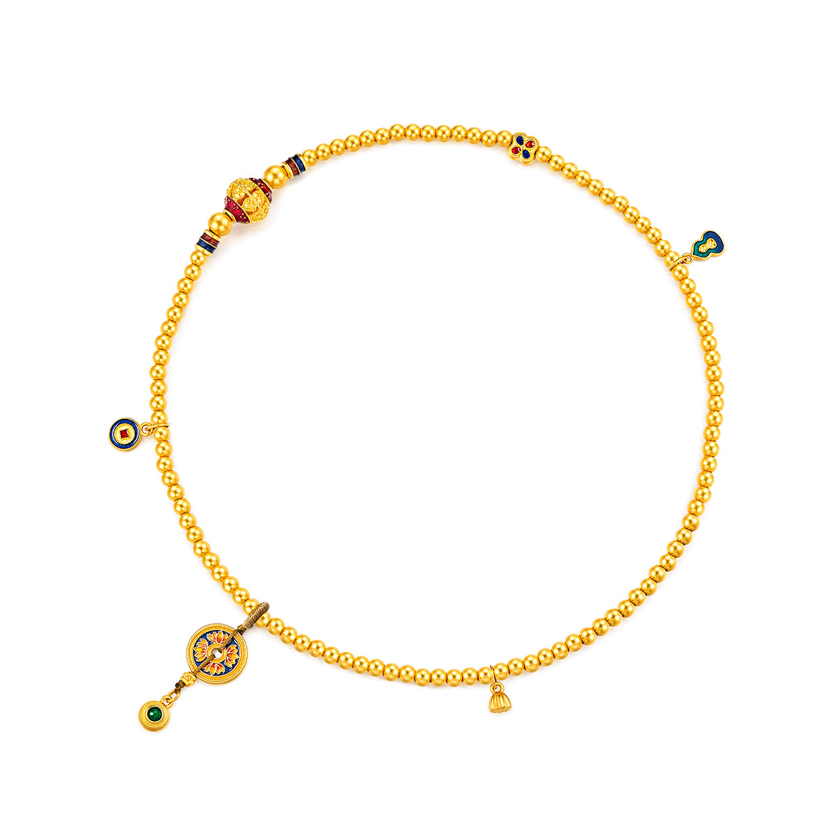 六福珠宝福满传家黄金手链女款两圈足金珠子手串计价F63TBGB0107【视频看货】