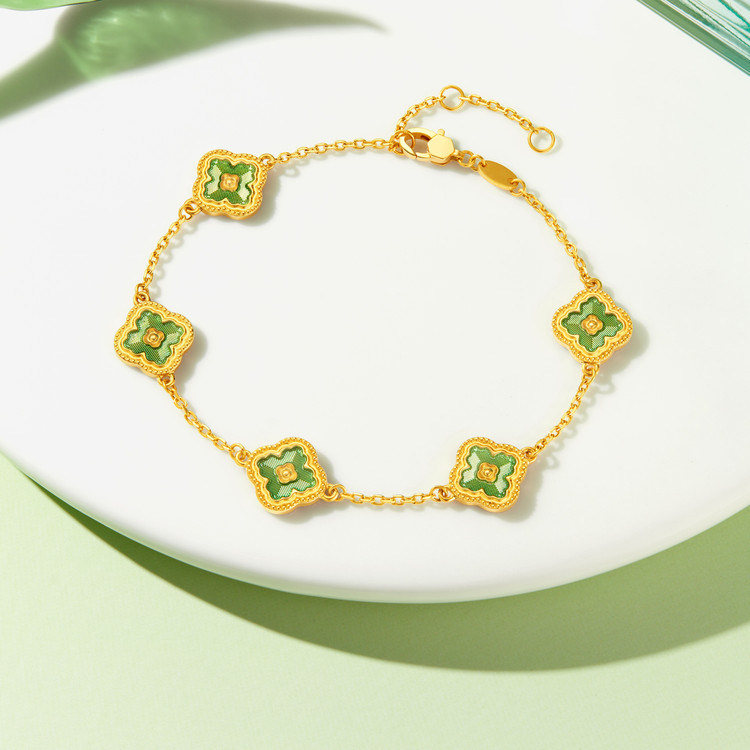 六福珠宝绿野星芒黄金手链女款鎏彩五花足金四叶草计价G16G0041DS赏春【视频看货】