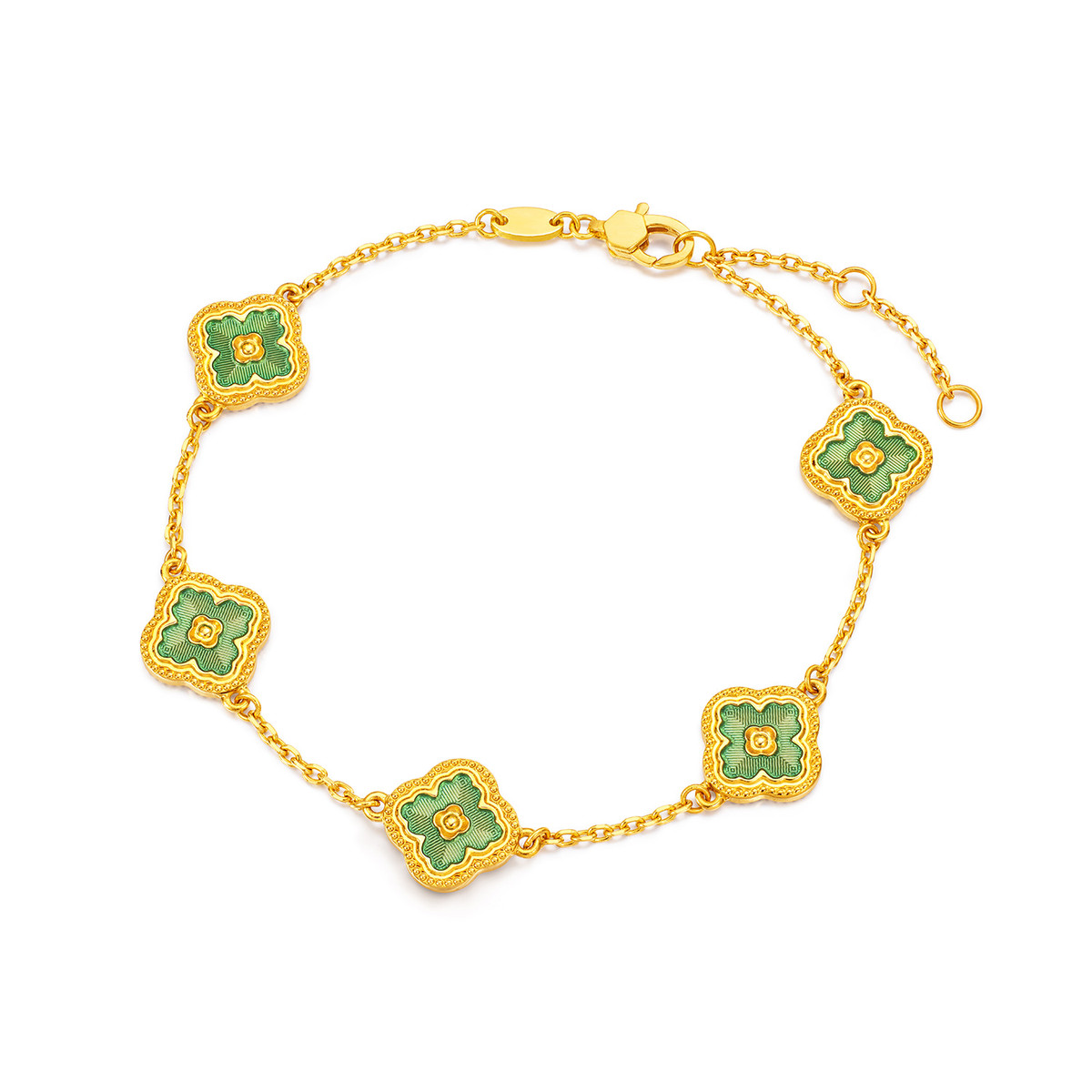 六福珠宝绿野星芒黄金手链女款鎏彩五花足金四叶草计价G16G0041DS赏春【视频看货】