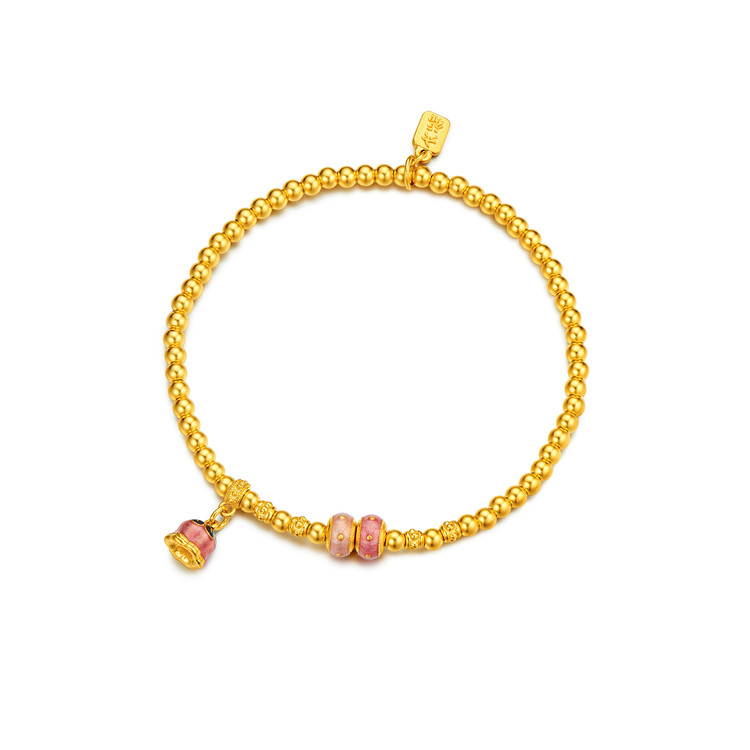 六福珠宝福满传家铃兰花黄金手链女款鎏彩金珠手串计价F63G0091DS赏春【1V1直播看货】