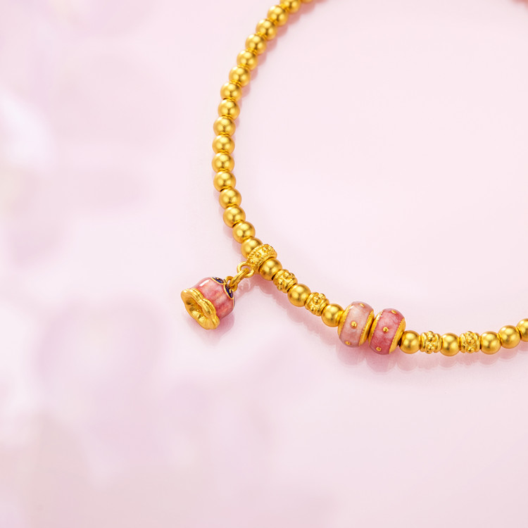 六福珠宝福满传家铃兰花黄金手链女款鎏彩金珠手串计价F63G0091DS赏春【1V1直播看货】