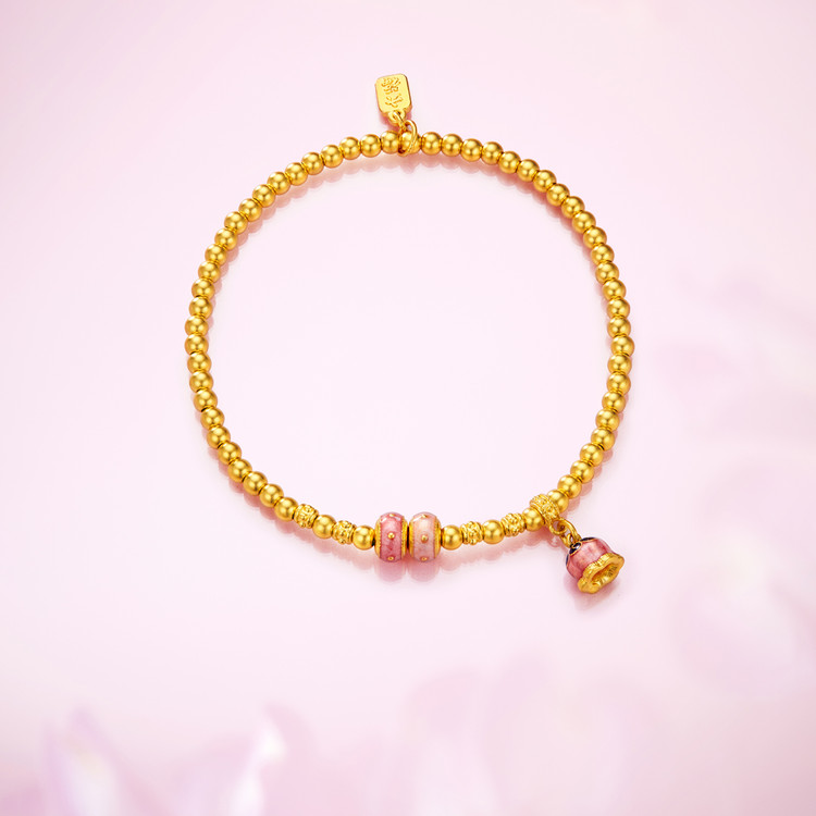 六福珠宝福满传家铃兰花黄金手链女款鎏彩金珠手串计价F63G0091DS赏春【1V1直播看货】